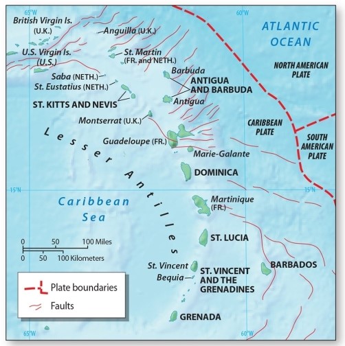 Which set of islands all rest upon a volcanic axis?   A) Cuba, Jamaica, the Bahamas B) Cuba, Hispaniola, the Bahamas C) Montserrat, Martinique, Cuba D) Dominica, Martinique, St. Lucia E) Dominica, Jamaica, the Bahamas