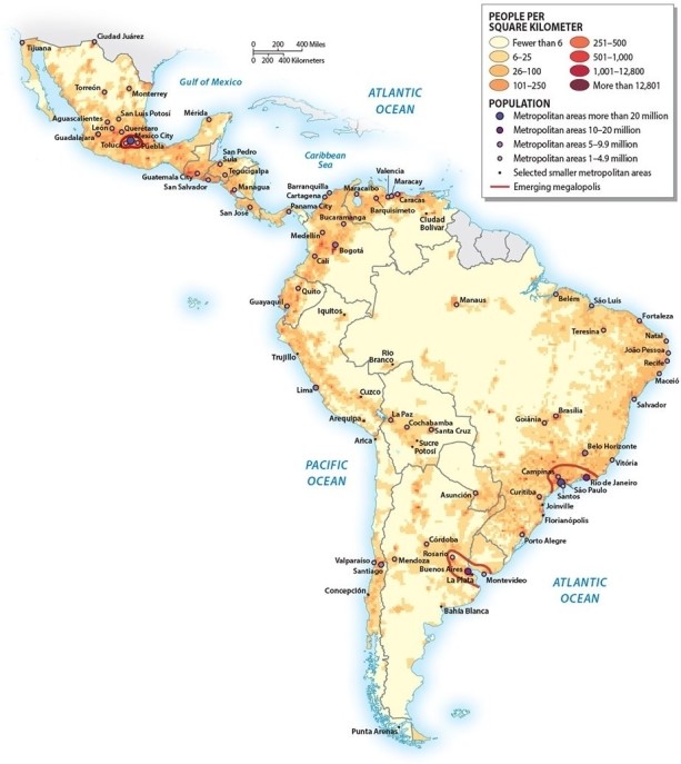 Population density in Latin America   A) is most densely concentrated along the Amazon River B) is primarily located in the far southern regions of Argentina and Chile C) is primarily concentrated along the Atlantic coastline and volcanic regions of the Andes, Mexico and Central America D) is heavily concentrated in the interior of the South American continent E) is densely concentrated at the deltas of major rivers such as the Amazon and Orinoco