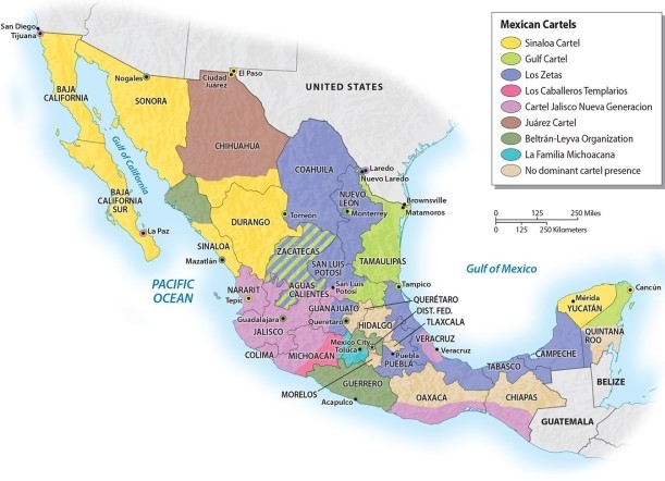 The extremely violent drug cartel known as the Zetas operate largely in which part of Mexico? A) exclusively in the capital of Mexico City B) the southern highland states of Oaxaca and Chiapas C) the Baja Peninsula D) the Gulf of Mexico states, such as Veracruz, and in Nuevo Leon E) in the state of Sinaloa