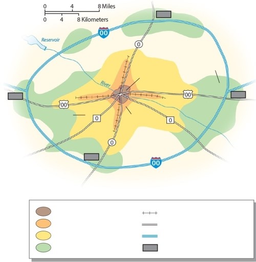 When did the area shaded yellow come into existence in the American city?   A) the area in yellow is zoned for future urban growth in the 21st century B) pre-1888, prior to the advent of streetcars C) 1945 to present day, as freeways became a common urban feature D) between 1888 and 1920 when streetcars were heavily used E) 1920-1945 as the automobile became a common mode of transport