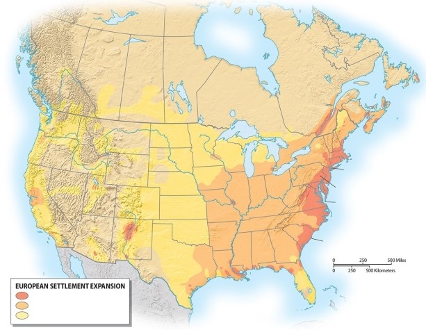 Write an essay in which you first discuss the three main stages of settlement of North America.   
