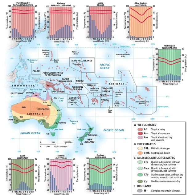Which part of the Australia/Oceania region receives the LEAST amount of precipitation? A) the largest of the Marshall Islands B) the northeast coast of New Zealand C) the interior of Australia D) anywhere in Samoa E) the mid-slopes of the 13,000-foot-plus volcanoes of the island of Hawaii