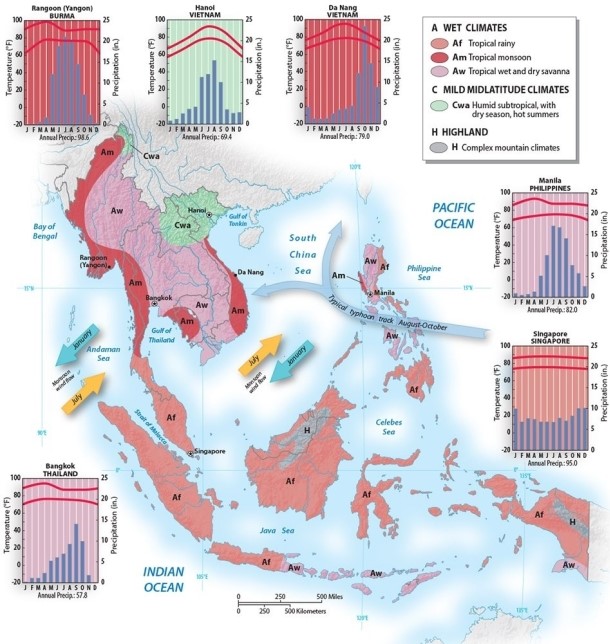 What type of climate dominates in most of insular Southeast Asia?   A) occasionally hot and humid B) constantly cool and dry C) constantly hot and dry D) constantly cool and humid E) constantly hot and humid