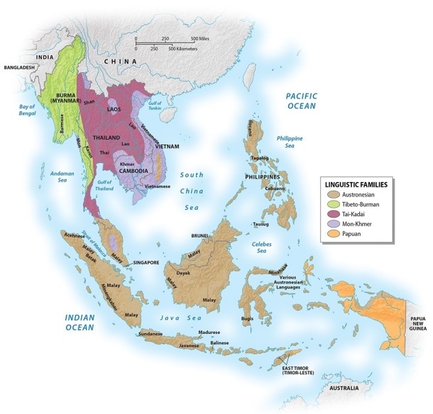 The islands of the Philippines and Indonesia are largely found in which linguistic family?   A) Tai-Kadai B) Papuan C) Tibeto-Burman D) Mon-Khmer E) Austronesian