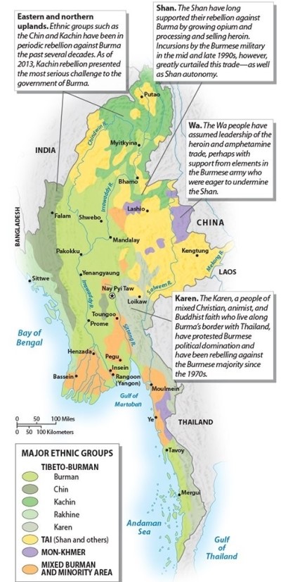 Where do most of the rebellious ethnic groups of Burma (Myanmar) live?   A) in the port cities of Burma B) in frontier regions, far from the urban areas of the nation C) just across the border in Thailand D) in middle-sized municipalities E) in the capital city