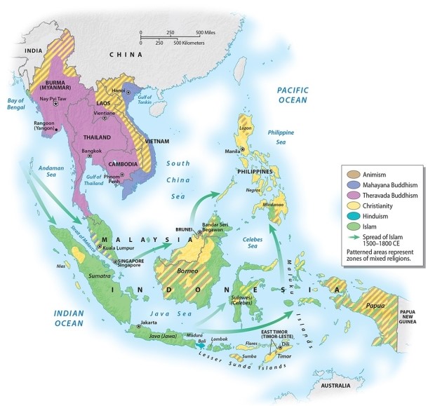 Describe the religious geography of contemporary Southeast Asia, making certain to address how the landscape has shifted over time.