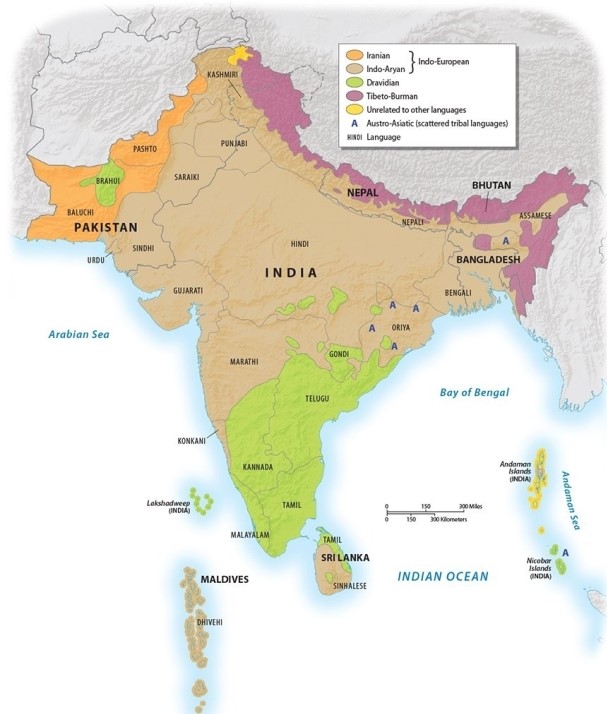 In what part of India are Dravidian languages most likely to be spoken?   A) south B) north C) center D) west E) east
