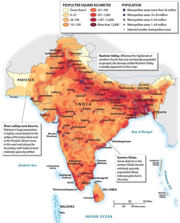 Examine the population density patterns.    Describe the reasons why there is higher population density in Bangladesh as opposed to what is featured in central India.