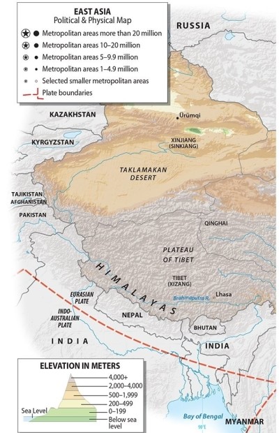 Where are the highest elevations found in China?     A) the loess plateau frontier with Mongolia B) Taiwan C) Tibet D) Manchuria E) the eastern coastal region
