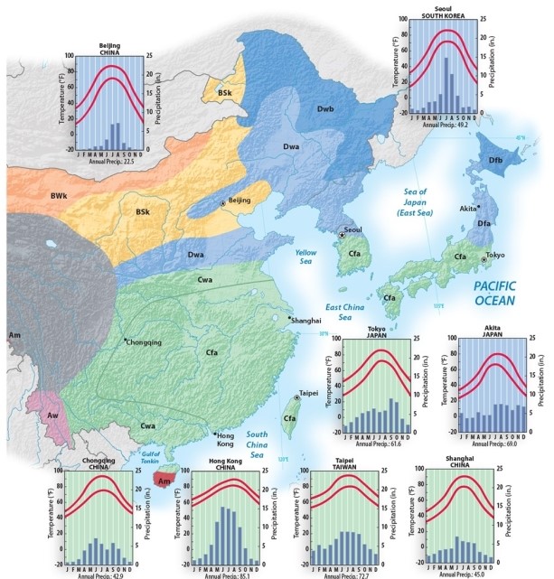 Where would you find the mildest climate of East Asia?     A) the Japanese islands that lie closest to Russia B) southeastern China C) southwestern China D) the northern portion of the Korean peninsula E) central China