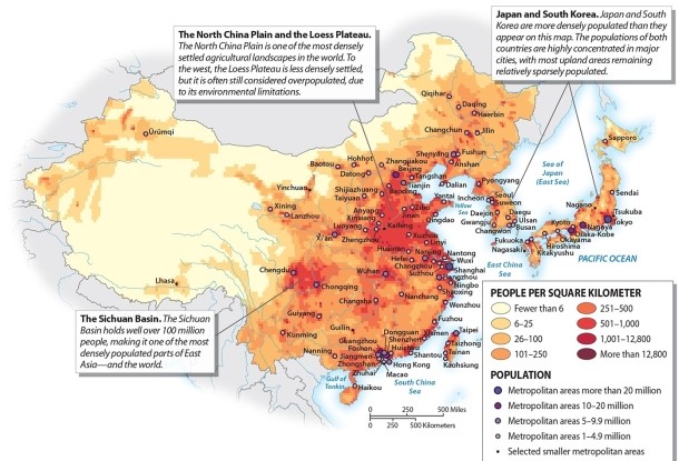 Describe the general population distribution of East Asia.