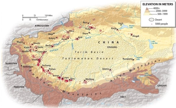 In the Tarim Basin, where do most of the people reside?   A) high in the mountains surrounding the basin B) toward the eastern opening of the basin C) in the foothills of the mountains along the basin's edge D) in an evenly distributed pattern, throughout the region E) near the basin's center