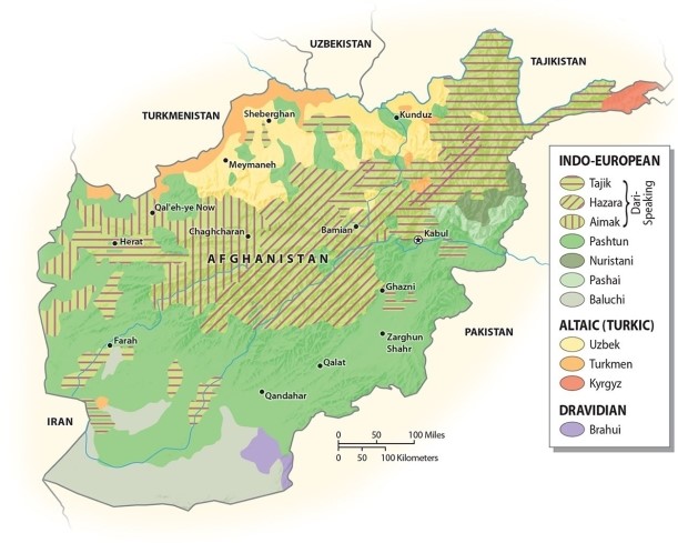 Which of the following statements is TRUE regarding the ethnolinguistic geography of Afghanistan?   A) The Pashto language is not spoken within Afghanistan B) Hazara speaking people tend to be clustered along the frontier with Pakistan C) Pashto speaking people tend to be found on the northern frontier with Turkmenistan, Uzbekistan and Tajikistan D) Turkic speaking people tend to be located on the frontier with Pakistan E) Pashto speaking people largely are found in the southern half of Afghanistan