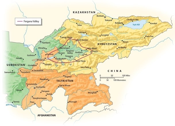 The Fergana Valley of Central Asia is home to some of the most convoluted geopolitical boundaries in the world. Which three nations own various parts of the Fergana Valley?   A) Tajikistan, Uzbekistan and Kyrgyzstan B) Kazakhstan, Uzbekistan and Kyrgyzstan C) Tajikistan, Turkmenistan and Afghanistan D) Afghanistan, Uzbekistan and Kyrgyzstan E) Russia, China and Kyrgyzstan