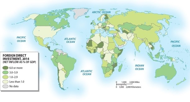 The nations with the greatest percent of foreign direct investment (FDI) tend to be located in which world region?   A) South America B) Europe C) East Asia D) Africa E) North America