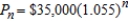 If the rate of inflation is   per year and the average price of a car is currently $35,000, the average price after n years is   . Compute the average price after 8 years. Round your answer to two decimal places. A)  $22,259.86 B)  $53,714.03 C)  $295,400.00 D)  $46,685.40 E)  $264,600.00