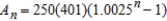 A deposit of $250 is made at the beginning of each month into an account at an annual interest rate of 3% compounded monthly. The balance in the account after n months is   . Find the balance in the account after 3 years by computing the 36th term of the sequence. Round your answer to two decimal places. ​ A)  $9,428.65 B)  $753.76 C)  $7,551.03 D)  $19,717.22 E)  $1,511.28