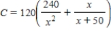 The ordering and transportation cost C for the components used in manufacturing a product is   ,   where C is measured in thousands of dollars and x is the order size in hundreds. Find the rate of change of C with respect to x for   . Round your answer to two decimal places. ​ A)  -6.20 thousand dollars per hundred B)  7.41 thousand dollars per hundred C)  3.13 thousand dollars per hundred D)  -5.03 thousand dollars per hundred E)  -8.02 thousand dollars per hundred
