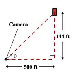 In a free-fall experiment, an object is dropped from a height of 144 feet. A camera on the ground 500 feet from the point of impact records the fall of the object as shown in the figure. Assuming the object is released at time   . Find the rate of change of the angle of elevation of the camera when   . Round your answer to four decimal places. ​   ​ A)    B)    C)    D)    E)   