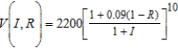 Assume in 2009, an investment of $2200 was made in a bond earning 9% compounded annually. Assume that the buyer pays at rate R and the annual rate of inflation is I. Suppose in the year 2019, the value V of the investment in constant 2009 dollars is   . Calculate the function   for   and   . Round your answer to the nearest cent. A)  $4,333.20 B)  $2,356.97 C)  $3,664.11 D)  $2,215.21 E)  $3,647.48