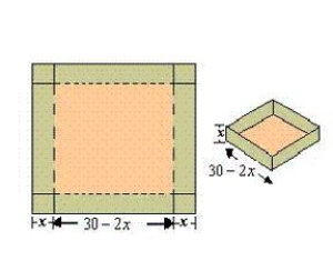 An open box of maximum volume is to be made from a square piece of material 30 centimeters on a side by cutting equal squares from the corners and turning up the sides(see figure) . What is the domain of the function V = x(30 - 2x) <sup>2</sup>. ​   ​ A)  domain: 0 < x < ∞ B)  domain: 30 C)  domain: 0 < x < 15 D)  domain: 0 < x < 30 E)  domain: 15