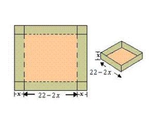 An open box of maximum volume is to be made from a square piece of material 22 centimeters on a side by cutting equal squares from the corners and turning up the sides (see figure) . Write the volume V as a function of x, the length of the corner squares. ​   ​ A)  V = x(22 - 2x) <sup>2</sup> B)  V = x + (22 - 2x) <sup>2</sup> C)  V = x<sup>2</sup> + (22 - 2x)  D)  V = x<sup>2</sup>(22 - 2x)  E)  V = x(22 - 2x) 