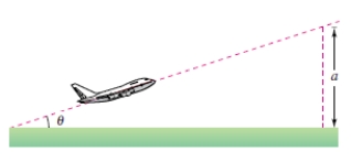 An airplane leaves the runway climbing at an angle of   with a speed of 270 feet per second (see figure) . Find the altitude a of the plane after 1 minute. ​   ​ A)  74 ft B)  4,465 ft C)  15,572 ft D)  16,200 ft E)  1,361 ft