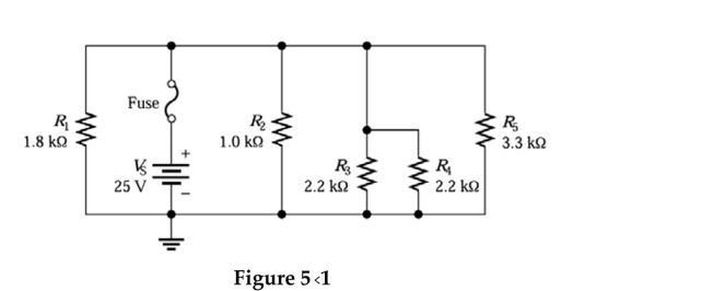 <strong> Refer to Figure 5-1. The voltage across R<sub>2</sub> is 0 V. What is most likely the problem?</strong> A) R<sub>2</sub> open B) fuse open C) R<sub>1</sub> open D) none of the above