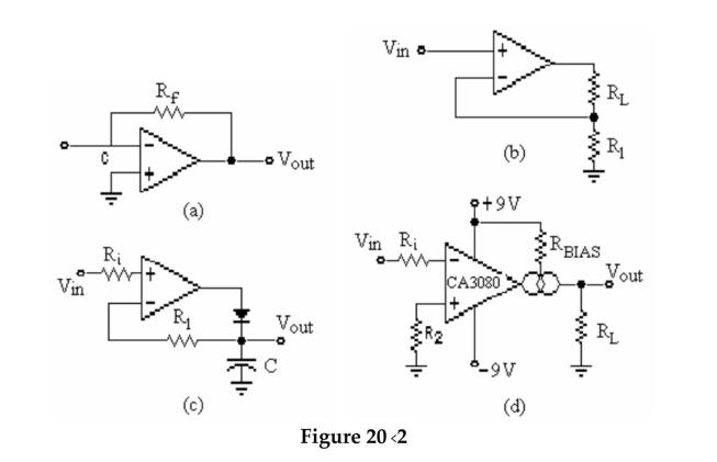   -Refer to Figure 20-2.Which of these circuits contains an OTA? A) (a)  B) (b)  C) (c)  D) (d) 