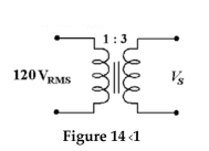 <strong> What is the secondary voltage in Figure 14-1 if the turns ratio is 7:1?</strong> A) 840 V<sub>RMS</sub> B) 8.59 V<sub>RMS</sub> C) 17.1 V<sub>RMS</sub> D) 420 V<sub>RMS</sub>
