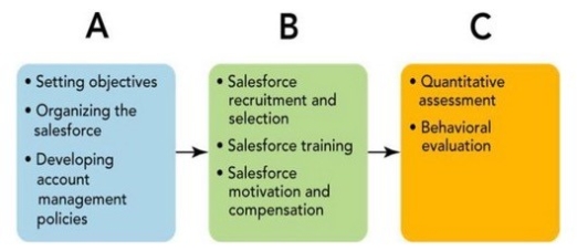   Figure 18-3 -Figure 18-3 above depicts the sales management process that involves three interrelated functions. C refers to A)  sales plan formulation. B)  sales force evaluation. C)  sales force determination. D)  sales force communication. E)  sales plan implementation.