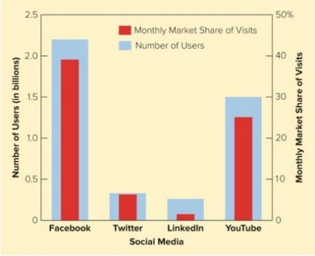   Figure 17-4 -Recalling Figure 17-4 above, which social network has both the highest number of users and the highest monthly market share of visits? A)  LinkedIn B)  YouTube C)  Twitter D)  Facebook E)  Pinterest