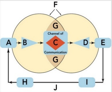   Figure 15-1 -Figure 15-1 above depicts the communication process, which consists of ten key elements (Boxes A through J) . The position labeled J is referred to as A)  the source. B)  the message. C)  the receiver. D)  the feedback loop. E)  the fields of experience.