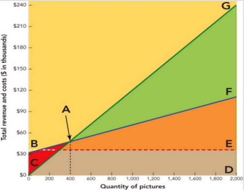   Figure 11-6a -In Figure 11-7a above, which is a break-even chart that depicts a graphic presentation of a break-even analysis for a picture frame store, the area CGD represents the firm's A)  fixed costs. B)  break-even point. C)  variable costs. D)  profit. E)  total revenue.