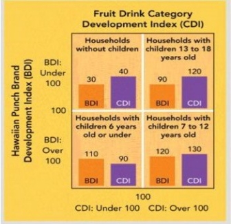   CDI/BDI Marketing Dashboard -If you were a marketing manager and were presented with the information in the CDI/BDI Marketing Dashboard above, you would determine that the ________ segment has the most opportunity for increasing Hawaiian Punch sales. A)  households without children B)  households with children 13 to 18 years old C)  households with children 6 years old or under D)  households with children 7 to 12 years old E)  According to the BDI, all though some segments measure above a 100, there is still great opportunity for growth in every segment
