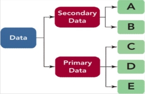   Figure 7-2 -Figure 7-2 shows that secondary data may be divided into two related parts. If B represents data collected from the U.S. Census Bureau, trade association studies, business periodicals, etc., which type of data is B? A)  compiled data B)  mined data C)  internal secondary data D)  external secondary data E)  observational data