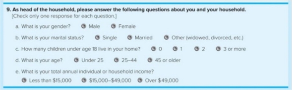   Figure 7-4: Question 9​ -Consider Figure 7-4: Question 9, which was part of a Wendy's survey that assessed fast-food restaurant preferences among present and prospective consumers. Which of the following statements most likely explains why Question 9 was included in the questionnaire? A)  Wendy's wanted to know if children eat at its restaurants. B)  Wendy's wanted to know why people have children under age 18 living at home. C)  Wendy's can use these personal and household demographic characteristics to segment the fast-food market. D)  Wendy's wants to know how much people earn so it knows whether it should take credit cards for purchases. E)  Wendy's wanted to send these respondents coupons for the products that would appeal to them most.