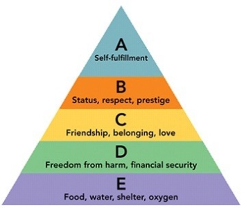   Figure 4-6 -According to Figure 4-6, B defines what level in the Maslow hierarchy of needs? A)  physiological B)  safety C)  self-actualization D)  personal E)  social