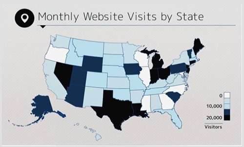   Figure 2-3c -According to Figure 2-3c, which of the following states has the highest number of monthly website visits? A)  Illinois B)  Texas C)  California D)  Florida E)  Washington