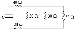 If e = 20 V, at what rate is thermal energy being generated in the 20-W resistor?   A) 6.5 W B) 1.6 W C) 15 W D) 26 W