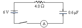 A circuit contains a 6.0-V battery, a 4.0-W resistor, a 0.60-µF capacitor, an ammeter, and a switch all in series.What will be the current reading immediately after the switch is closed?   A) zero B) 0.75 A C) 1.5 A D) 10 A