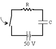 A series RC circuit has a time constant of 1.0 s.The battery has a voltage of 50 V and the maximum current just after closing the switch is 500 mA.The capacitor is initially uncharged.What is the charge on the capacitor 2.0 s after the switch is closed?   A) 0.43 C B) 0 66 C C) 0.86 C D) 0.99 C