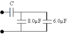 If C = 10 µF, what is the equivalent capacitance for the combination shown?   A) 7.5 µF B) 6.5 µF C) 7.0 µF D) 5.8 µF