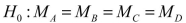 SCENARIO 11-5 A hotel chain has identically small sized resorts in 5 locations in different small islands.The data that follow resulted from analyzing the hotel occupancies on randomly selected days in the 5 locations.     -Referring to Scenario 11-5, the null hypothesis for Levene's test for homogeneity of variances is A)    B)    C)    D)   