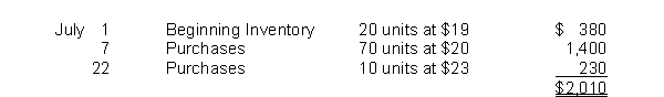 Priscilla has the following inventory information.   A physical count of merchandise inventory on July 31 reveals that there are 35 units on hand.Using the LIFO inventory method, the amount allocated to cost of goods sold for July is A) $1,280. B) $1,287. C) $1,306. D) $1,330.