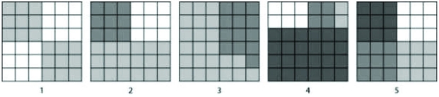 Use the figures to answer the following question.   The different shaded squares in the figure, from white to darker gray, represent different species, and more squares of a shade correspond to a higher abundance. According to the Shannon Diversity Index, which of the five blocks above, with each containing 36 squares, represents the greatest diversity? A)  1 B)  2 C)  4 D)  5 