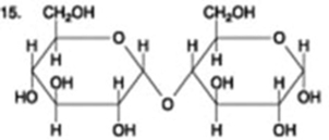 The following question is based on the 15 molecules illustrated in the figures.                               Which of the following molecules is a disaccharide? A)  1 and 4 B)  3 C)  6 D)  15 