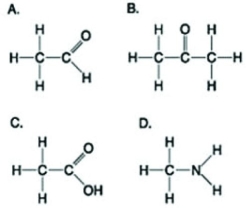 Use the figures to answer the following question.   Which molecule(s)  shown is (are)  ionized in a cell? A)  A B)  B and D C)  C and D D)  D 