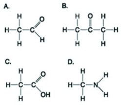 Use the figures to answer the following question.   Which molecule shown has at least one carbon atom attached to three different chemical groups? A)  A B)  B C)  D D)  A and B 