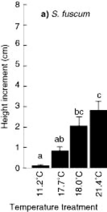 In an investigation of Sphagnum growth, researchers measured the growth of four different S. fuscum species (labeled a, ab, bc, and c in the figure)  at four temperatures. The results of the investigation are represented in the graph.   Which of the following claims is most consistent with the data? A)  S. fuscum species are best adapted to live in warm climates. B)  S. fuscum species grow faster at moderate temperatures. C)  S. fuscum species grow slower at warmer temperatures. D)  S. fuscum species are best adapted to growth in cold climates. 